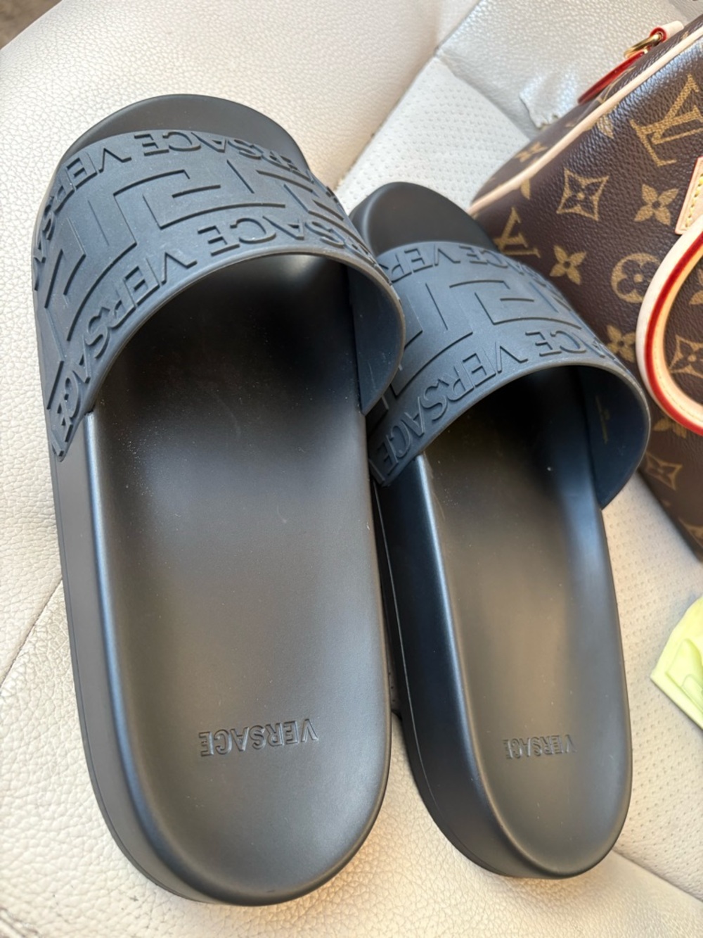 Versace Black Embossed Logo Slide Sandals